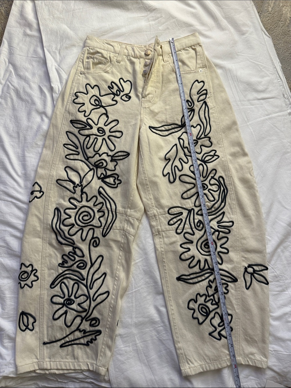 We The Free Cream Straight Leg Jeans with Black Floral Embroidery